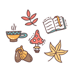 Autumn elements set, cute hand drawn seasonal objects. Vector illustration in doodle style