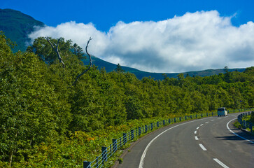 Shiretoko Pass Road and Mount Rausu , Shiretoko national park, Hokkaido, Japan.