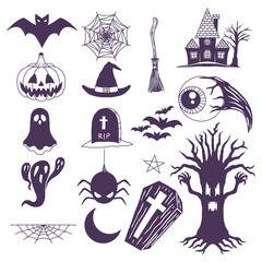 Set of editable halloween silhouettes icon Vector illustration. Isolated on white background.