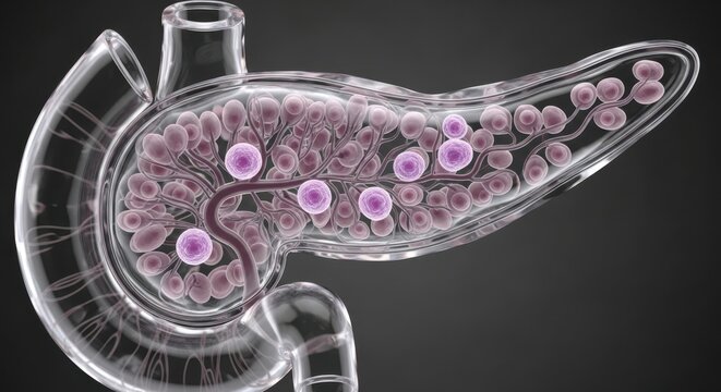 Microscopic view of the human pancreas showing islets of langerhans and acinar cells