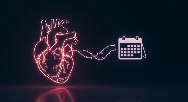 Neon heart connected to a calendar, suggesting cardiology appointments, heart health scheduling, or reminders. Emphasizing cardiac health awareness and planning.