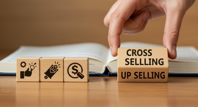 Cross Selling Up Selling Marketing Strategy Concept on Wooden Blocks Hand Placing Cube Sales Tactics Retail Increase