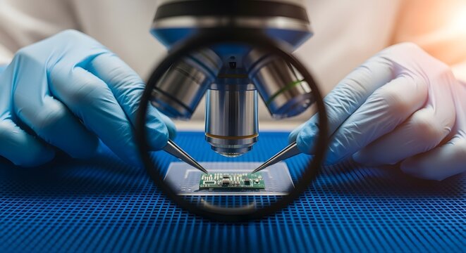 Precision and Research: A technician in protective gloves examining a microchip with a microscope, revealing the intricate details of advanced technology.