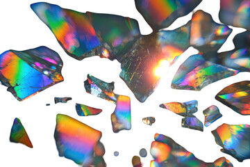 Abstract Fragmented Glass Pieces with Iridescent Colors and Black Background