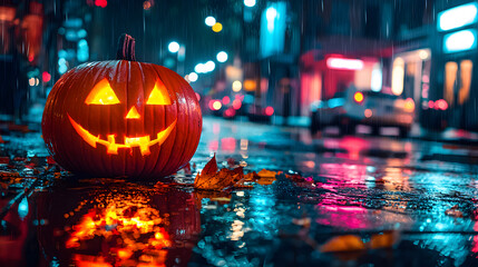 A creepy Halloween pumpkin stands on a city street against a backdrop of neon signs and a nighttime atmosphere