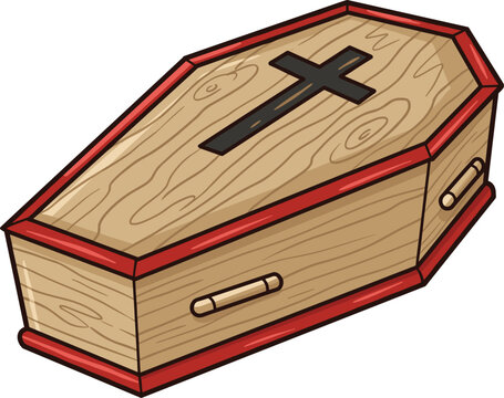 Wooden coffin with cross illustration, funeral casket vector, death burial box design, religion symbol art, cartoon grave icon drawing