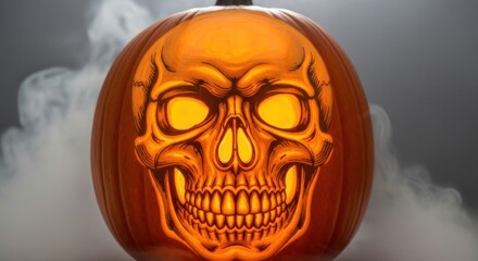 Fototapeta premium Glowing skull carved pumpkin with eerie smoke for halloween decorations and spooky season