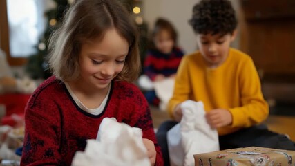 Two children joyfully unwrap their presents during the holiday season, capturing the innocence and excitement of gift-giving moments shared with family and friends.