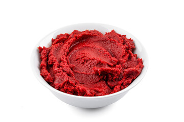 Tomato or pepper paste or puree prepared to add flavor to dishes on a white background