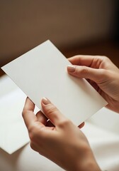 Woman holding a blank white card in her hands, perfect for mockups