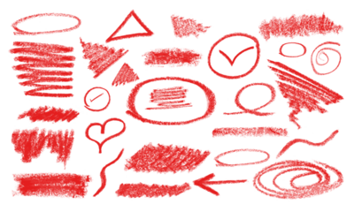 Assorted red crayon sketches isolated on transparent background, perfect for creative projects