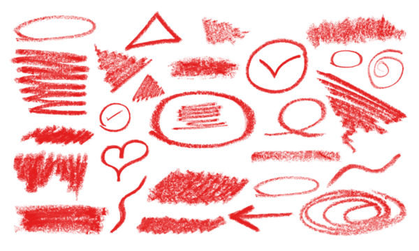 Assorted red crayon sketches isolated on transparent background, perfect for creative projects