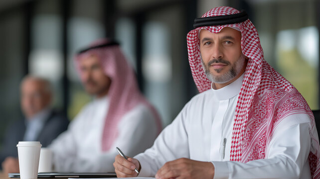 Arab businessmen in traditional kandura and shemagh engaged in a professional meeting in a modern office with glass windows and polished wooden table symbolizing leadership and trust
