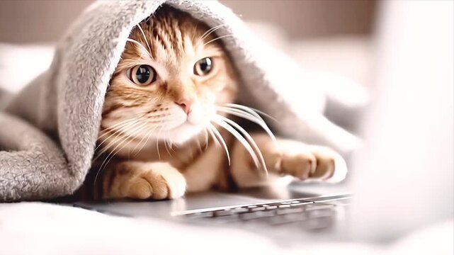 Ginger Cat Under Blanket Using Laptop: Cute Domestic Pet Tech Interaction Art