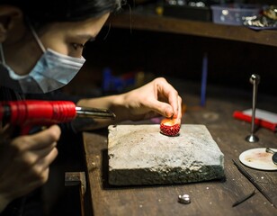 Artisan uses a torch on a small, red jewel