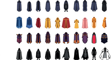 Cloak design ideas for fantasy characters and rpg games with various colors and styles illustration