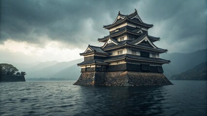 Obraz premium Traditional Japanese Castle in the Middle of a Dark Lake with Storm Clouds