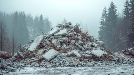 Rubble heap of concrete slabs, rebar, and debris in a foggy, snowy forest setting