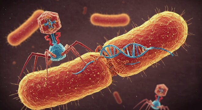 Microscopic bacteriophage virus injects DNA into a rod shaped bacterium, showcasing cellular invasion and genetic transfer in a stunning scientific visualization - Powered by Adobe