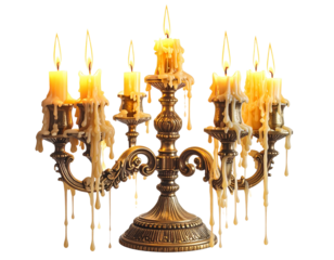 Elegant antique candelabra with dripping wax candles isolated on transparent  