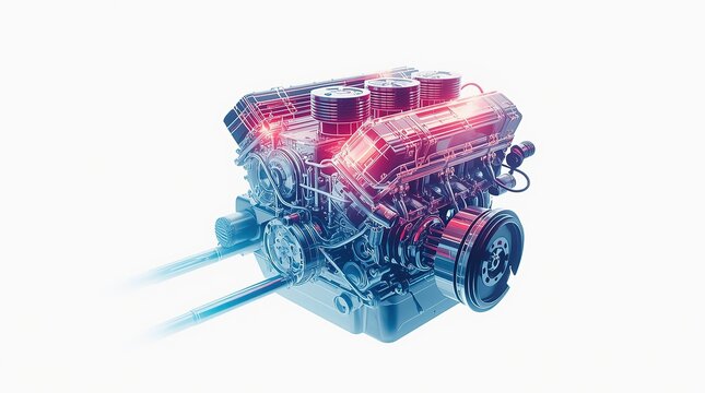 Detailed X-ray view of a car engine’s internal parts—pistons, cylinders, crankshaft—highlighted with precision on a white backdrop.	