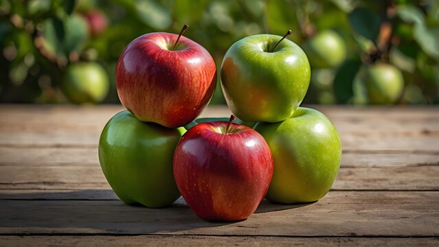 A red apple, green apple, and tiny baby apple together with happy faces