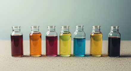 Seven clear glass bottles with bright, varied colored liquids lined up horizontally