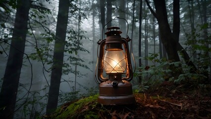 A rusty lantern glowing faintly on a misty forest path, surrounded by dense fog and shadows 2