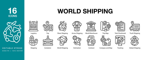 World Shipping icon set. Includes shipping, global, world, transportation, business and More. Editable Stroke Icon Collection.