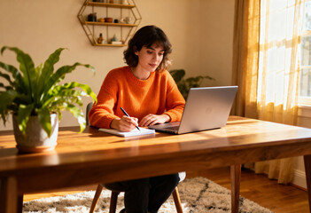 A woman in an orange sweater is writing in a notebook at a wooden desk by a window with yellow curtains.