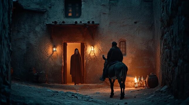 Cinematic twilight scene in ancient Bethlehem: Joseph pleads with an innkeeper, Mary waits on a donkey in cold evening light. Warm inn glow contrasts with the family&rsquo;s exclusion, evoking faith and per