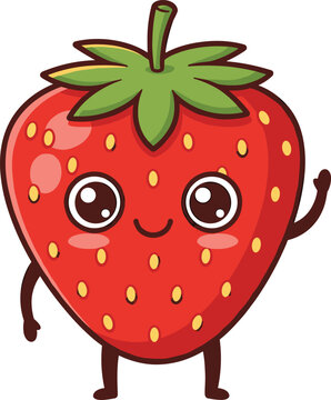 Naklejki Cute cartoon strawberry character with smiling face, kawaii fruit mascot, adorable healthy food illustration, funny berry design, playful vector artwork