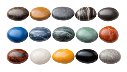 Collection of colorful polished stones isolated on transparent background