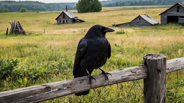 A single crow perched on a broken wooden fence in front of an abandoned farmhouse 4