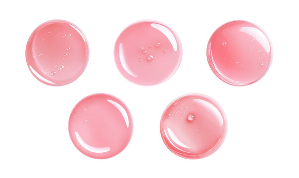 Collection of round gel swatches with air bubbles, pastel pink color. Glossy lip gloss or shower cosmetics. Isolated element with clear even edge on transparent background