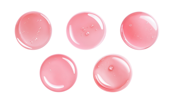 Collection of round gel swatches with air bubbles, pastel pink color. Glossy lip gloss or shower cosmetics. Isolated element with clear even edge on transparent background