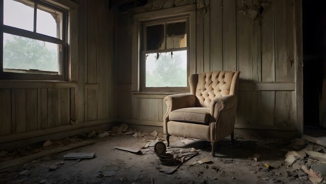 A single worn-out chair under a broken hanging bulb inside a dusty, abandoned house 2