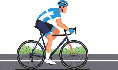Fototapeta premium A cyclist wearing a blue and white jersey and helmet rides a road bike on a grey asphalt road with green foliage in the background.