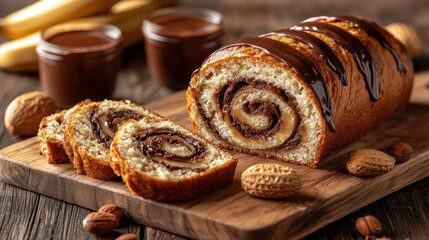 Sliced dessert roll with chocolate and peanut butter swirls, drizzled with chocolate
