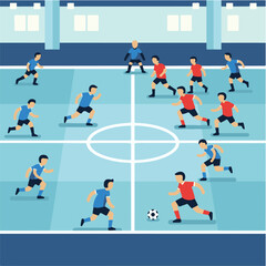 Illustration of a futsal game in progress, with players in red and blue uniforms competing for the ball on a marked court.