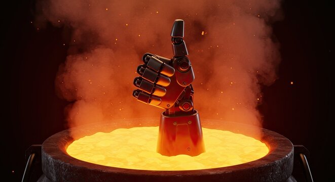Robotic hand emerges from molten metal cauldron giving a thumbs up, symbolizing industrial success and technological advancement in a fiery, smoky atmosphere