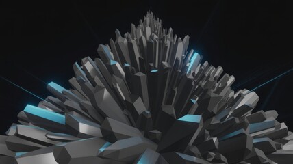 Abstract 3d render of a geometric crystal formation with sharp edges and blue accents, set against a dark background for a modern look