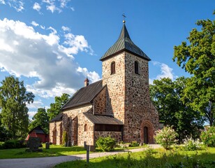 Fototapeta premium Scenic view of an old church with a stone exterior, under a blue sky