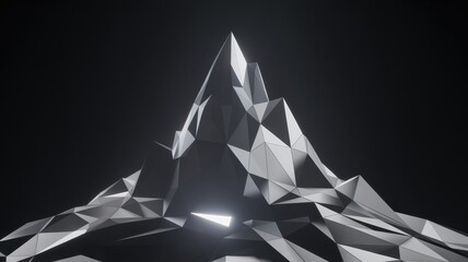 Abstract low poly mountain peak with geometric shapes and triangles, creating a modern and futuristic design against a dark black background