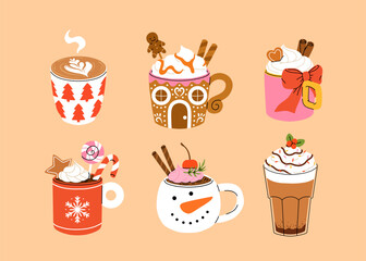 Christmas and Happy New Year set of drinks. Mugs and cups of hot coffee, punch, cacao with whipped cream, marshmallow and candy cane. Greeting card for Xmas, New year or winter holidays design.