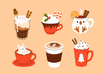 Christmas and Happy New Year set of drinks. Mugs and cups of hot coffee, punch, cacao with whipped cream, marshmallow and candy cane. Greeting card for Xmas, New year or winter holidays design.