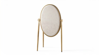 Fototapeta premium Elegant oval mirror with a golden frame standing on a white background display stand