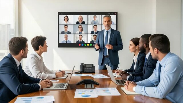 Business team in a meeting with a video conference on a screen behind them