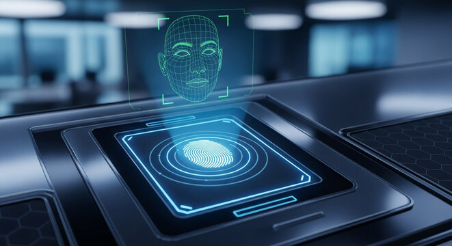 Closeup of futuristic device with fingerprint scanner and face recognition technology for security and identification purposes