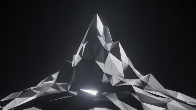 Abstract low poly mountain peak with geometric shapes and triangles, creating a modern and futuristic design against a dark black background